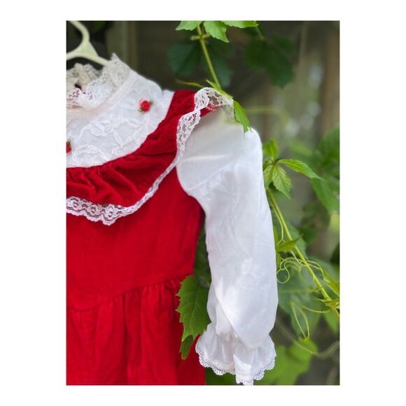 Vintage 80s Red Velvet Corduroy Romper Suit Formal White Lace One Piece Sz 3 - Picture 5 of 14